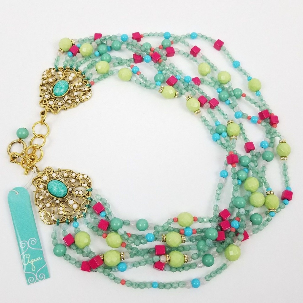 AQUA collar necklace 7 strands pink turquoise - Picture 5 of 8